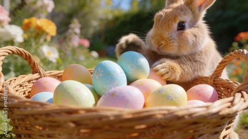 Spotting pastel eggs, brown rabbit reaching into wicker basket on sunny lawn, nibbling blue egg