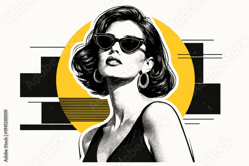 retro close-up portrait of a woman with sunglasses in monochrome, bold yellow circle behind the head, overlapping black abstract blocks and thin horizontal