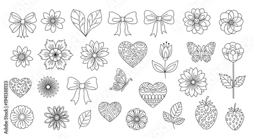 Extensive collection of line art nature icons featuring various flowers, hearts, butterflies, leaves, strawberries, and bows in a grid.
