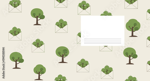 Seamless pattern featuring green trees and white envelopes with a blank white rectangular label for text over a light beige background.