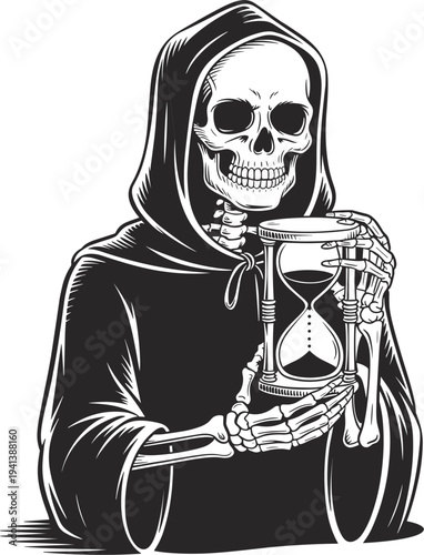 Grim reaper skeleton in black hooded cloak, holding an hourglass, representing death and passing of time