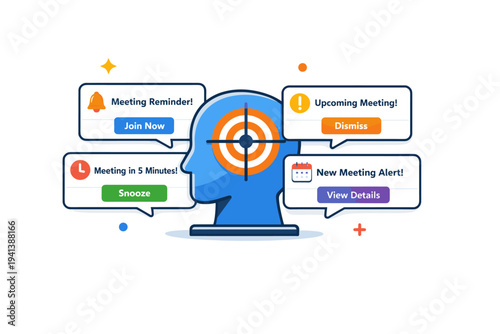 Meeting debt overload disrupting deep work shown by a focus icon repeatedly interrupted by pop-up meeting reminders, highlighting fragmentation of attention.