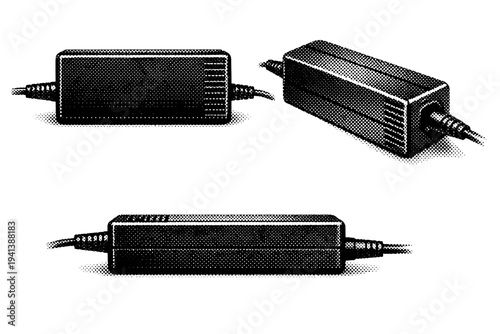 Laptop power adapter brick A realistic laptop charger power adapter brick with rectangular body, ventilation grooves, and smooth edges shown from front,