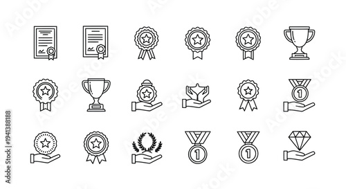 Collection of various achievement and award icons representing accomplishments and success