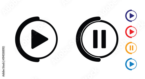 Large black play and pause icons in circles with several smaller colorful versions of the same buttons on the right side on white.