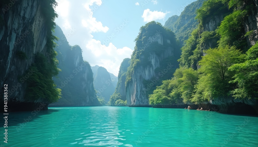 custom made wallpaper toronto digitalTourists boat on turquoise water canal between karst limestone cliffs covered by rich green jungle. Scenic tropical island landscape with rocky mountains, blue sky. Amazing nature travel destination.