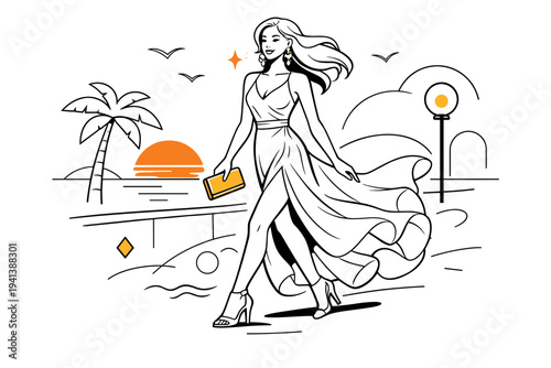 Glamorous summer fashion for evenings. Elegant woman in a flowing satin dress walking along a sunset promenade, light fabric fluttering in the warm breeze.