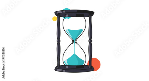 Classic hourglass with teal blue sand flowing through a dark wooden frame with colorful circles in the background on white.