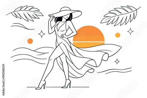 Beachside evening elegance. Fashion model posing near minimal abstract waves and a setting sun circle, wide-brim hat and silky dress creating dramatic flowing