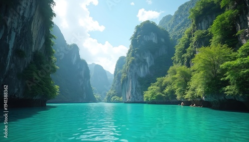 Wallpaper Mural Tourists boat on turquoise water canal between karst limestone cliffs covered by rich green jungle. Scenic tropical island landscape with rocky mountains, blue sky. Amazing nature travel destination. Torontodigital.ca