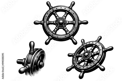 Wooden ship wheel. A traditional wooden ship wheel represented as one object in three distinct views emphasizing rounded handles, grain structure, and solid