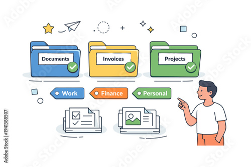 File categorization system. Color-coded folders, labels, and checkmarks showing structured sorting and easy navigation. Floating shapes add rhythm without