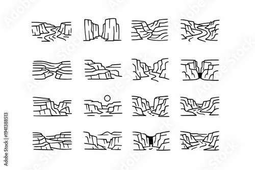 River Canyon Landscape. Line icon set of River Canyon Landscape: canyon river overview, tall cliff sides, carved canyon walls, serpentine river, canyon depth
