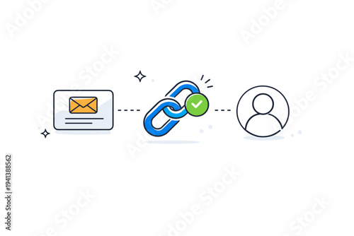 One-time login link. An email card and magic link icon connected to a user symbol, showing quick approval without passwords. The mood is calm, reliable, and