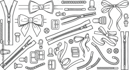 Sewing accessories illustration vector fashion garment construction design graphics, zippers buttons buckles concept, black and white creative art collection
