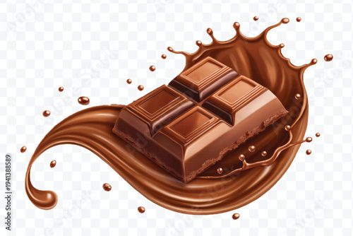 realistic 3d chocolate bar into liquid chocolate splash with bubbles in curve style isolated on transparent background