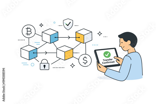 Blockchain transactions. Abstract blocks connected by lines while a person confirms a transfer on a tablet. A clear visual metaphor for secure and transparent