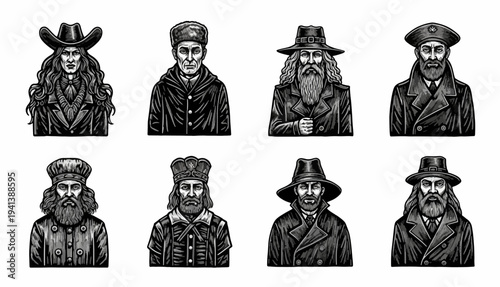 Vintage Black and White Illustrations of Bearded Men in Historical Attire