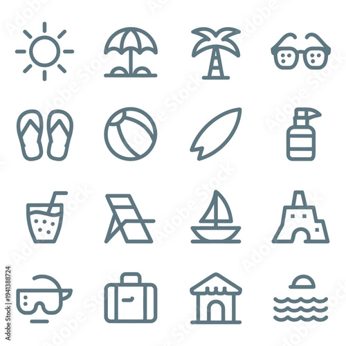Fun Summer Vacation and Beach Holiday Outline Icon Set