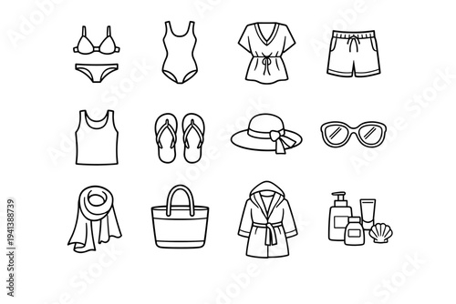 Poolside Outfits. Line icon set of Poolside Outfits: bikini fashion, one piece swimsuit, summer cover up, beach shorts, tank top style, flip flops sandals,