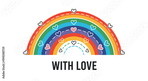 Colorful rainbow with small white and pink hearts and text with love on a white background for greeting cards or valentines day messages.