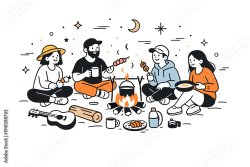 Campfire evening scene. People gathered around a small campfire, cooking simple food and sharing a peaceful moment. Warm relaxed mood with gentle motion lines