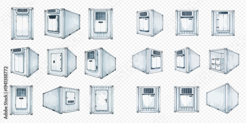 Set of refrigerator containers for storage and transportation of food products, medical supplies, and other goods.