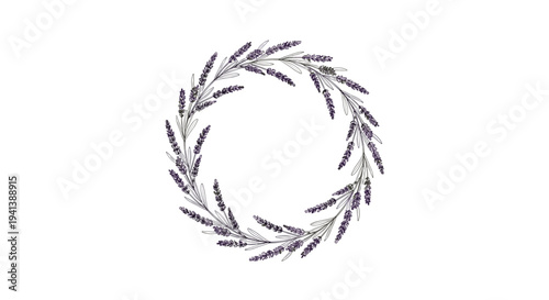 Circular lavender wreath illustration featuring purple sprigs of flowers on a white background for wedding or home decor themed designs.