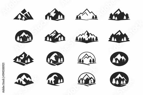 Camping and outdoor survival. Icon set. Set Logo of camping and outdoor survival: mountain with trees. harmonious logo variations of the same emblematic