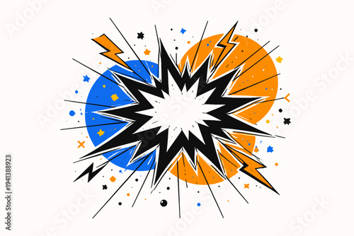 Black and white retro starburst explosion as a realistic cut-out with crisp white outline, layered with bold cobalt blue and bright orange circular splashes