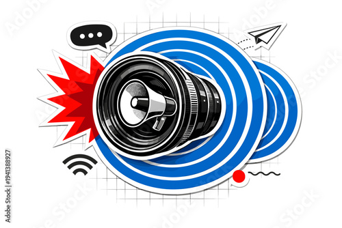 Black and white camera lens enlarged dramatically with a megaphone emerging from its center, vibrant blue concentric rings expanding outward like sound waves,