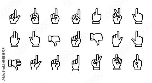 Collection of various hand gestures and finger signals in black and white icons