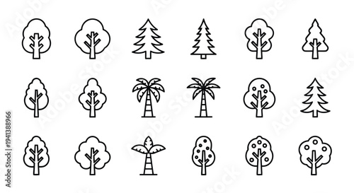 Collection of diverse tree icons in simple line art style
