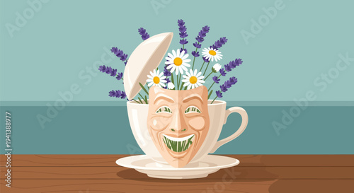 Whimsical smiling teacup with flowers on saucer symbolizing springtime and happiness
