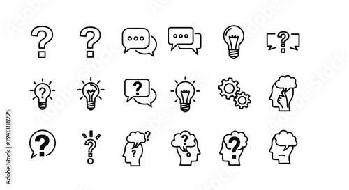 Collection of icons representing thought processes, questions, and ideas