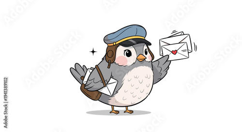Cute cartoon pigeon bird dressed as a mail carrier with a hat and bag holding envelopes with red hearts on a plain white background.