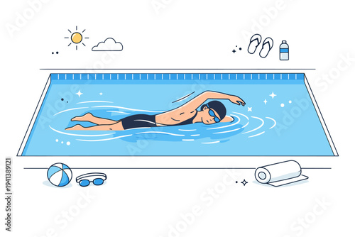 Swimming in a pool. A calm swimmer moving through clear blue water, gentle motion lines following the arms and soft ripples spreading across the surface. The