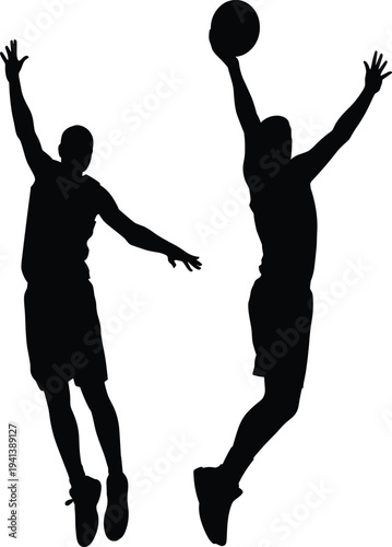 Black silhouettes of basketball players jumping for slam dunk, isolated on white background sports vector design