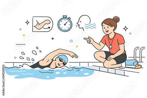 Swimming lesson in progress. An instructor at the pool edge giving guidance while a swimmer practices strokes in the water, friendly interaction and supportive