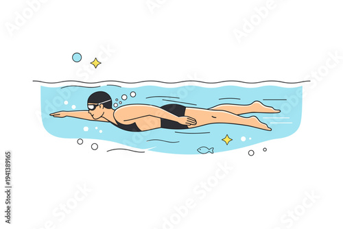 Underwater swimming view. A clean cross-section scene with a swimmer gliding underwater, bubbles and smooth motion lines creating a sense of quiet focus and