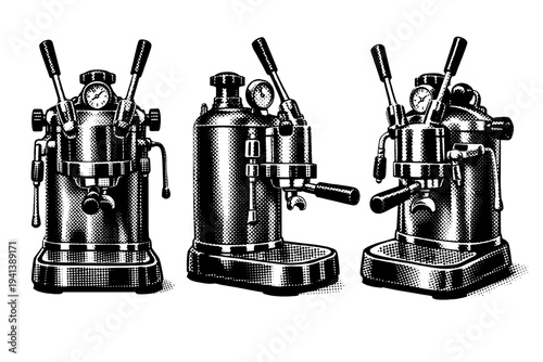 Vintage espresso machine A classic vintage espresso machine depicted as one object, shown from front, side, and angled views emphasizing boiler, levers, and