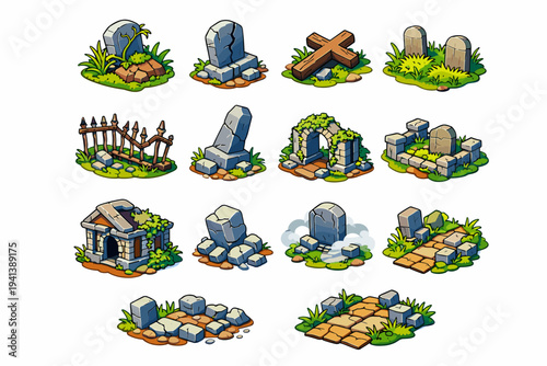 Abandoned Cemetery. Colorful isometric vector icons set of Abandoned Cemetery: overgrown grave, cracked tombstone, fallen cross, wild grass graves, broken