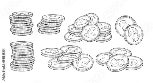 Assorted stacks and piles of various vintage-style coins displayed in an organized manner
