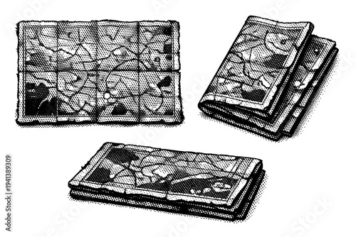 Old map ? An antique folded paper map shown as the same object in three different views, emphasizing aged paper texture, edge wear, and cartographic line