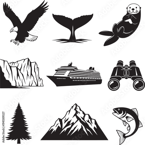 Minimalist Black and White Wildlife and Nature Vector Icon Set