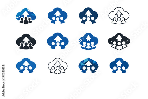 A team of entrepreneurs launching a website or mobile app. Icon set. Set Logo of a team of entrepreneurs launching a website or mobile app: cloud deployment