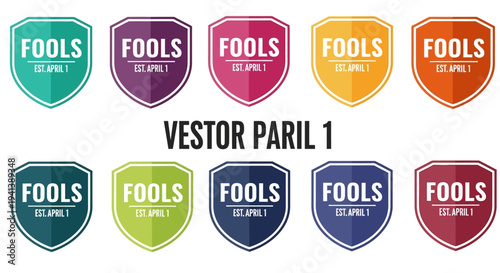 Colorful 'fools' shields for april fool's day or prank celebrations with various textured backgrounds