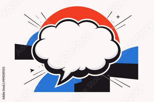 Black and white oversized comic-style cloud speech bubble centered as isolated cut-out, large cropped red circle dominating upper background to create bold