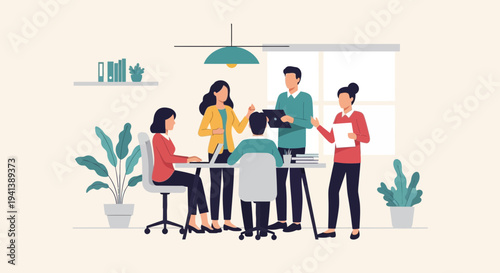 Diverse team in a modern office collaborates on a project, sharing ideas and planning strategy.