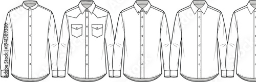Long-sleeve button-up shirt styles illustration vector fashion apparel garment construction design graphics, collar variation concept, black and white creative art collection